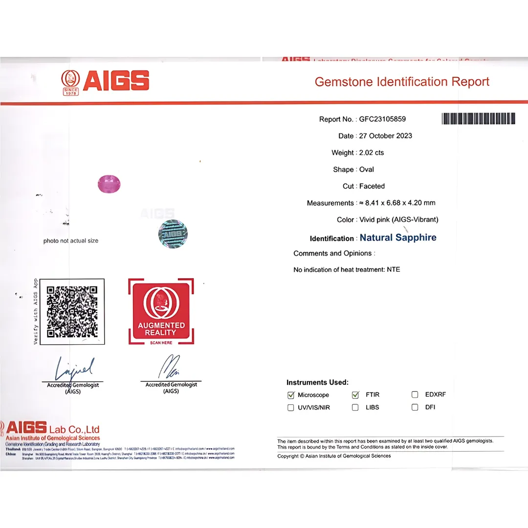 2.02 carats Oval Unheated Pink Natural Sapphire | AIGS Certified