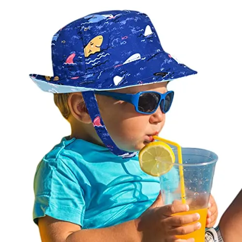 Baby Boy Girl Sun Hat,Adjustable Toddler Kids UPF 50  Sun Protective Wide Brim Sun Hat,Beach Hat for Girl Boy (0-6 Months, Black-Dinosaur)