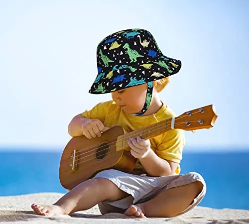 Baby Boy Girl Sun Hat,Adjustable Toddler Kids UPF 50  Sun Protective Wide Brim Sun Hat,Beach Hat for Girl Boy (0-6 Months, Black-Dinosaur)