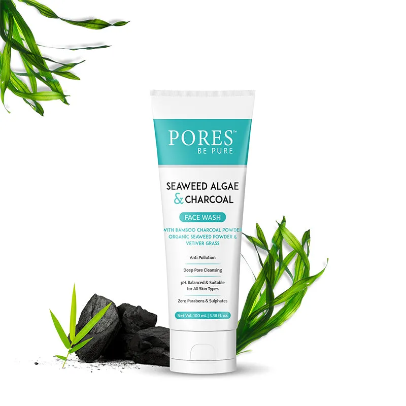 SEAWEED ALGAE & CHARCOAL FACE WASH - With Bamboo Charcoal Powder, Organic Seaweed & Vetiver Grass - 100 mL
