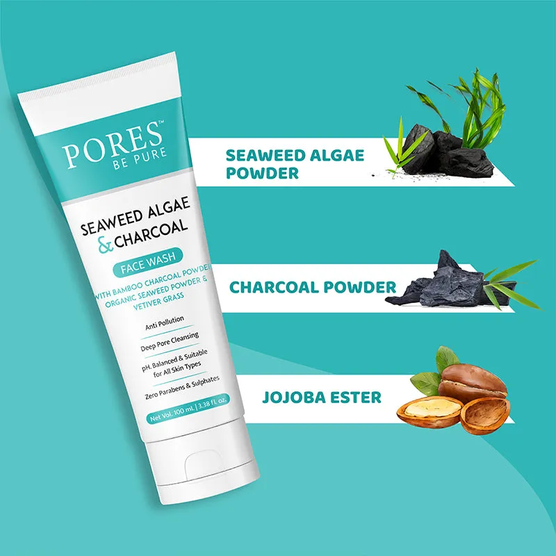 SEAWEED ALGAE & CHARCOAL FACE WASH - With Bamboo Charcoal Powder, Organic Seaweed & Vetiver Grass - 100 mL