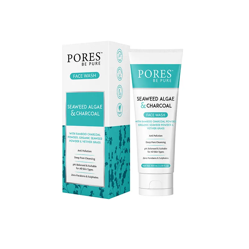 SEAWEED ALGAE & CHARCOAL FACE WASH - With Bamboo Charcoal Powder, Organic Seaweed & Vetiver Grass - 100 mL