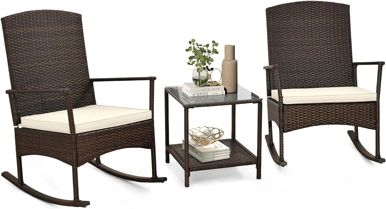 Tangkula 3 Pieces Rocking Wicker Bistro Set, Outdoor Front Porch Rocker Chairs Conversation Set