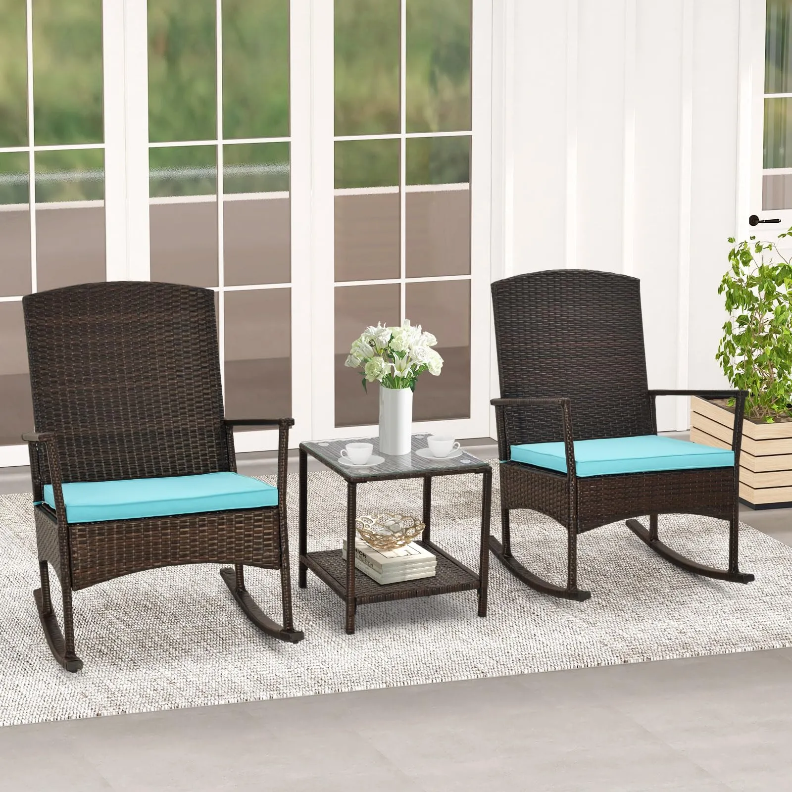 Tangkula 3 Pieces Rocking Wicker Bistro Set, Outdoor Front Porch Rocker Chairs Conversation Set