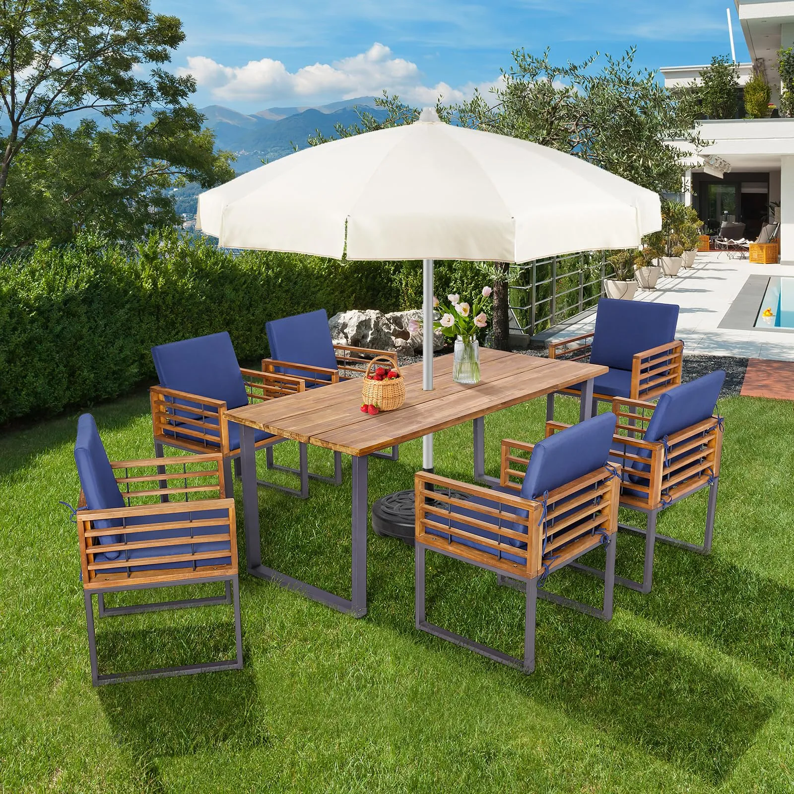 Tangkula 7 Piece Patio Dining Set, Acacia Wood Dining Chair & Table Set