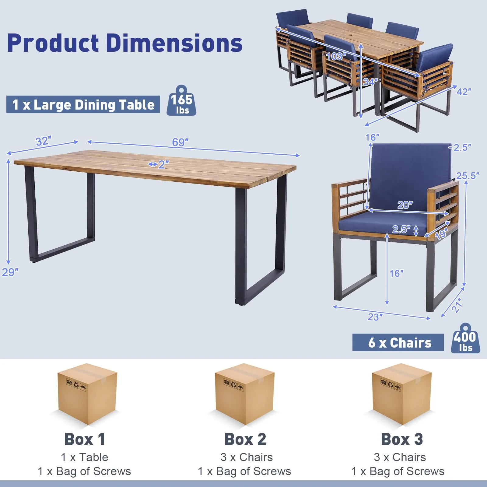 Tangkula 7 Piece Patio Dining Set, Acacia Wood Dining Chair & Table Set