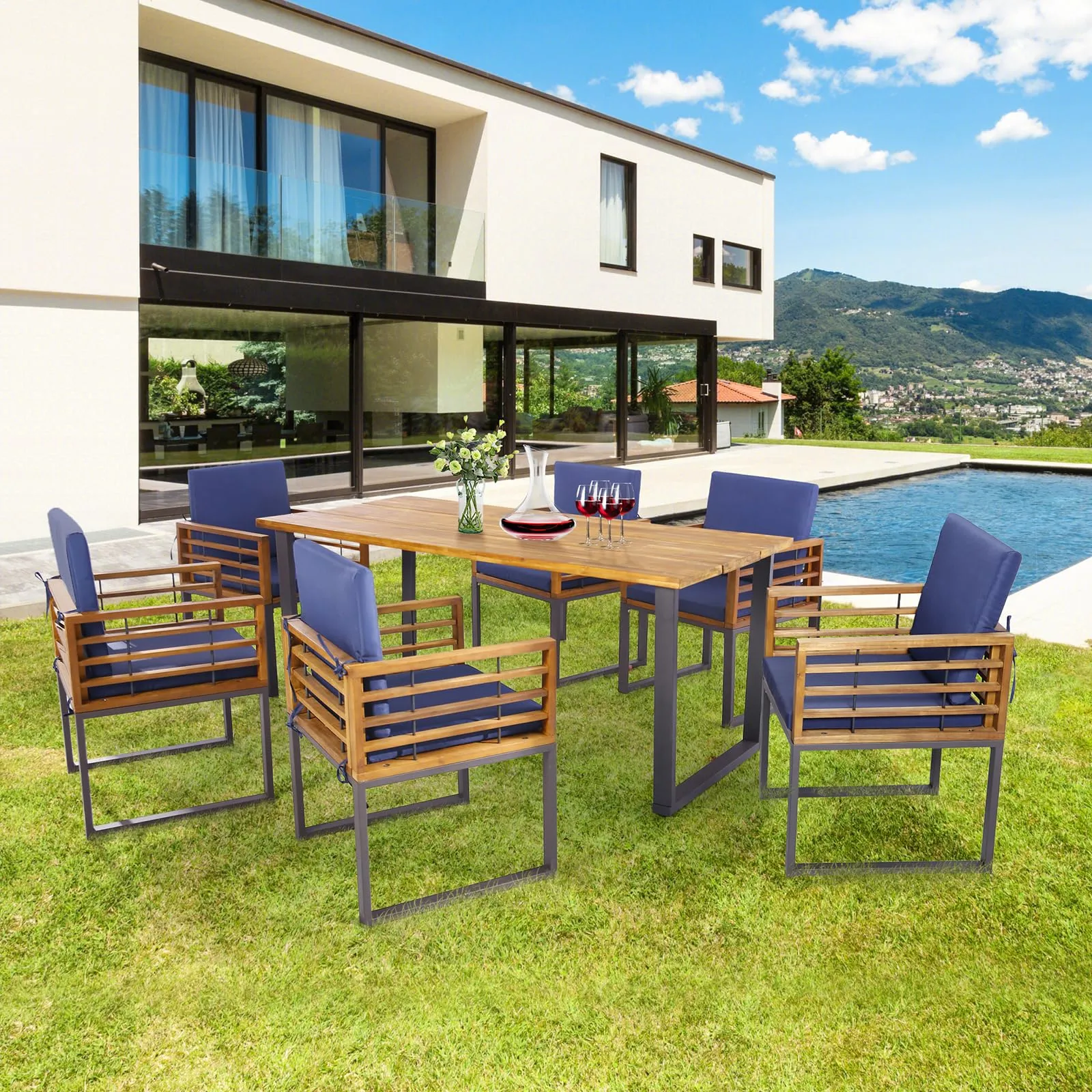 Tangkula 7 Piece Patio Dining Set, Acacia Wood Dining Chair & Table Set