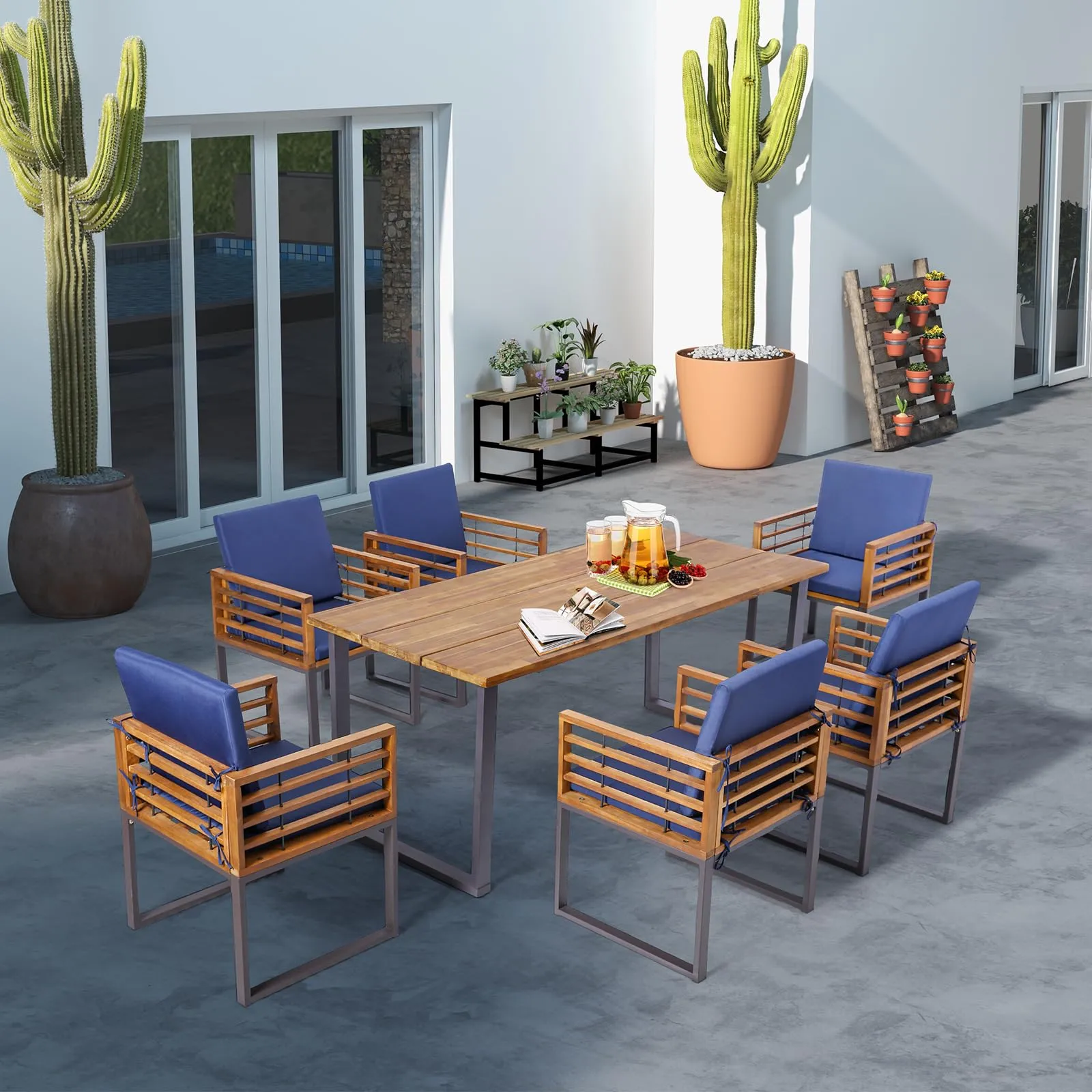 Tangkula 7 Piece Patio Dining Set, Acacia Wood Dining Chair & Table Set